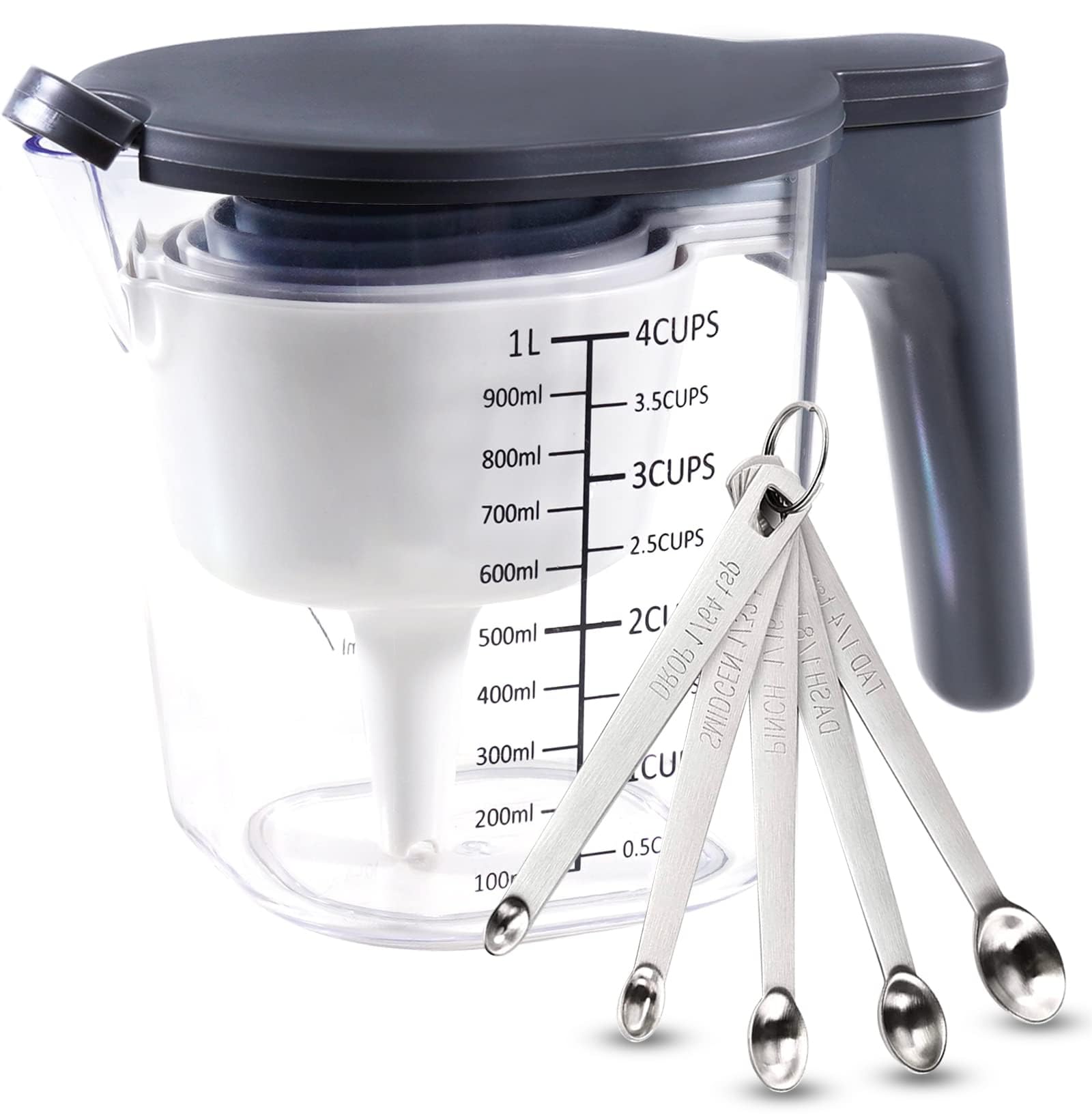 Recogwood 15 Pieces Measuring Cups and Spoons Set, Includes 10 Stackable Measuring Cup with Lid and 5 Mini Stainless Steel Measuring Spoons, Teaspoons for Liquid and Dry, BPA Free, Dishwasher Safe