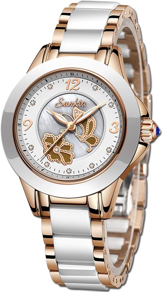 SUNKTA Damenuhren Kleid Roségold Uhren Damen Mode Wasserdicht Keramik