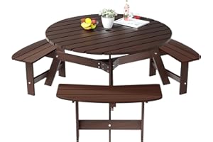RITSU Outdoor Wooden Table and Chair Diningtable and 3 Built-in Benches Set with 1.97" Umbrella Hole for Porch, Deck, Backyard, Garden, 6 Person, Brown