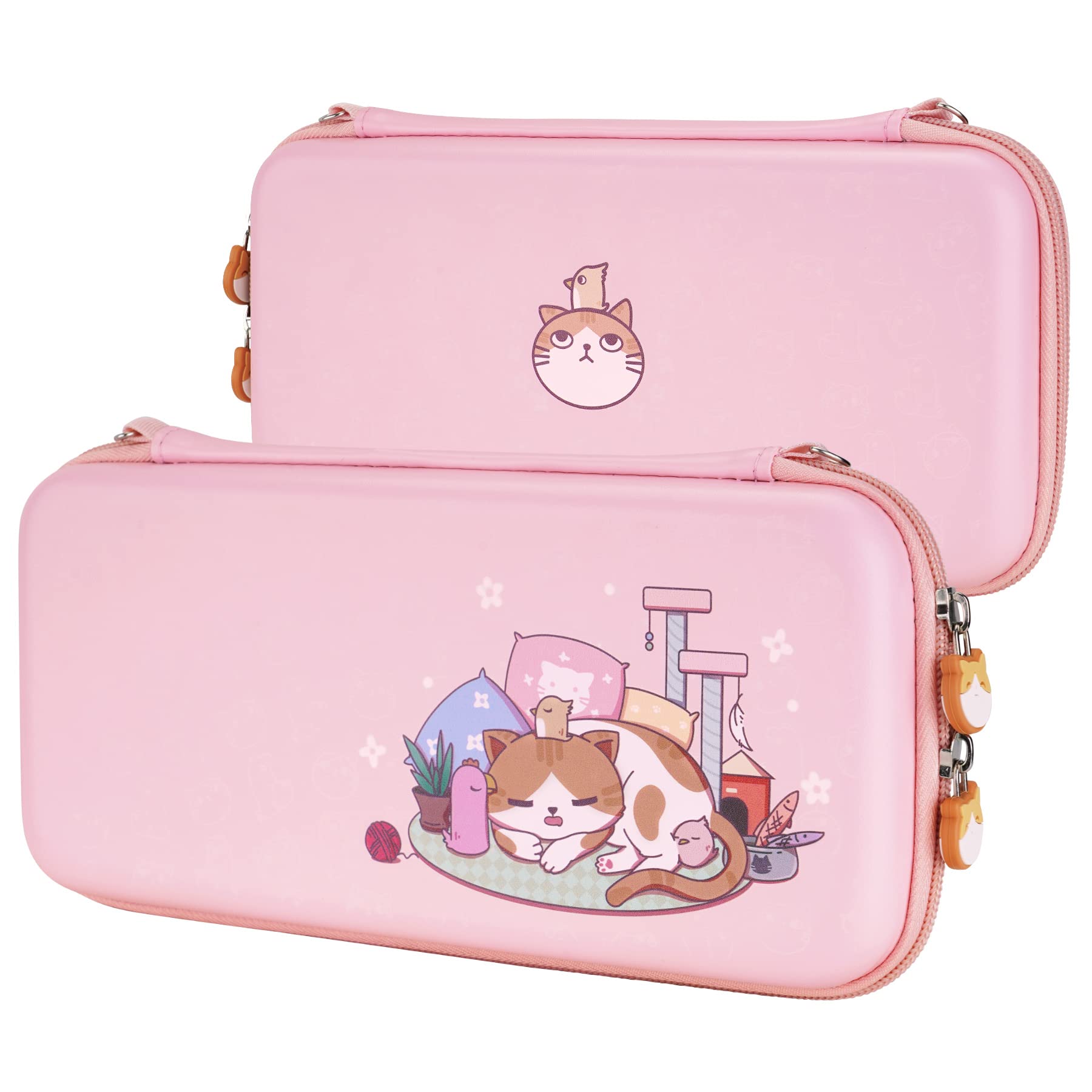 eXtremeRate PlayVital Pink Switch Lite Travel Carrying Case, Portable Pouch, Soft Velvet Lining Storage Bag for Nintendo Switch Lite w/Thumb Grips 10 Game Cards Slots Inner Pocket