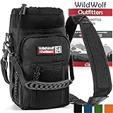 Wild Wolf Outfitters Water Bottle Holder for 64oz Bottles Black - Carry, Protect and Insulate Your Best Flask with This Military Grade Carrier w/ 2 Pockets & an Adjustable Padded Shoulder Strap