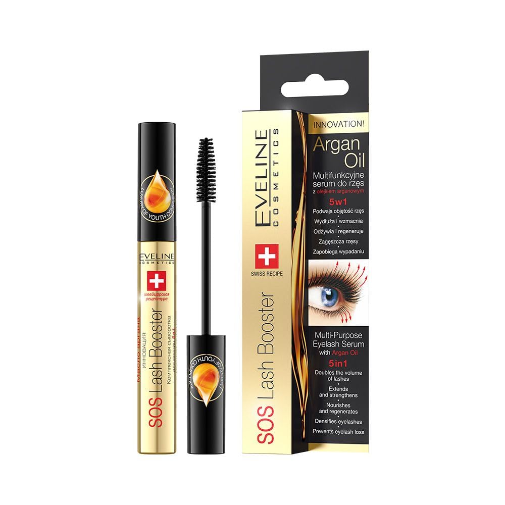 Eveline Cosmetics Sos Lash Booster 5-in-1 Lash Serum with Argan Oil - SOS LASH BOOSTER for Nourishing, Thickening & Repairing Eyelashes