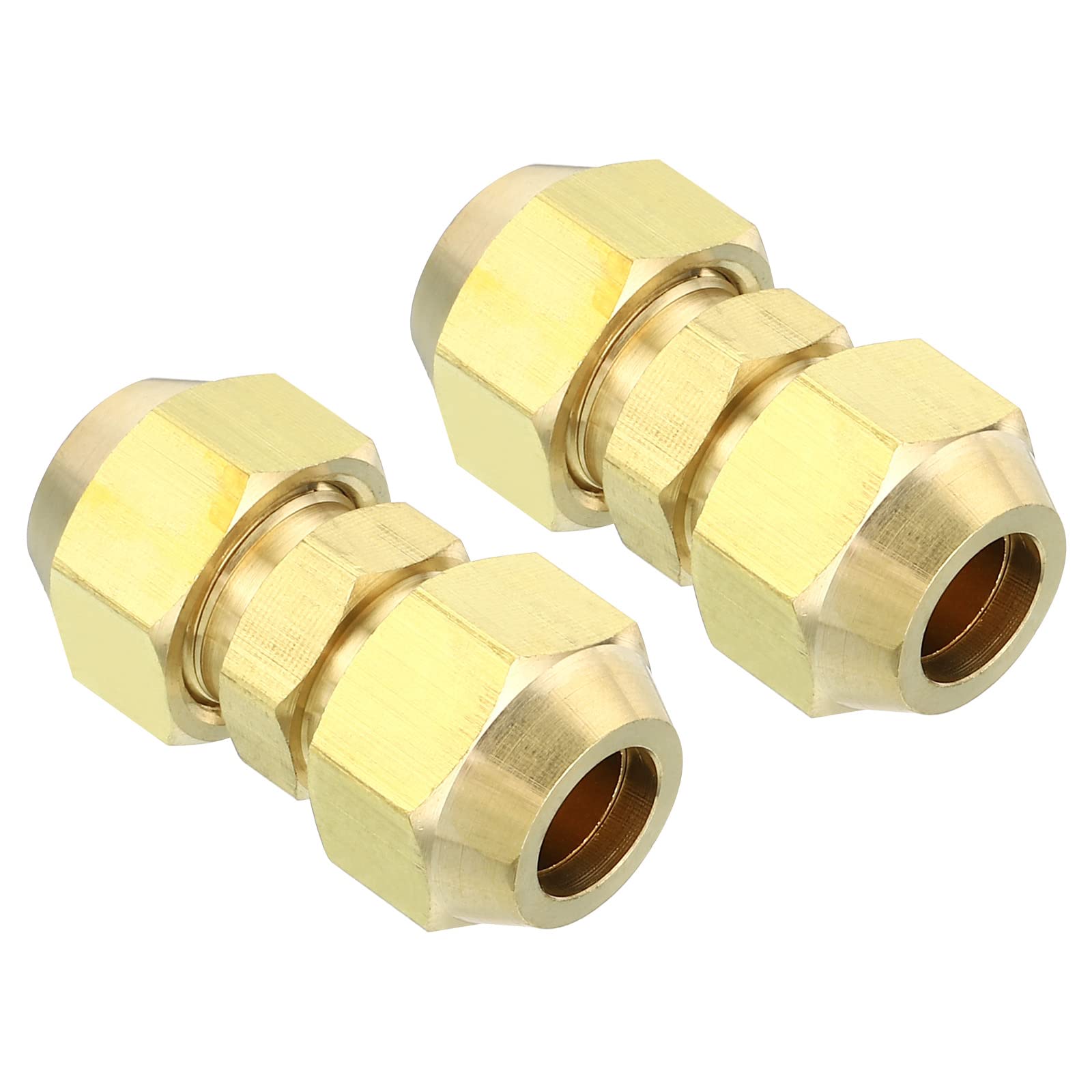 PATIKIL 3/8" OD Brass Flare Union Connector, 2 Set Air Conditioning Copper Double Pipe Extension Joint Connectors Pipe Hose Fitting with Nut, 1.37 x 0.63inch