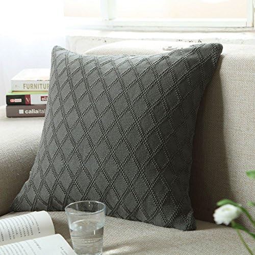 FNKSCRAFT Super Soft Square Warm Pillow Covers Rhombus Patterns Double-Cable Cotton Knitted Decorative Cushion Cover (grey)