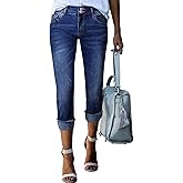 Sidefeel Women's Capri Jeans High Waisted Stretchy Roll-up Skinny Cuffed Cropped Zimbaplatinum Summer Capri Pants
