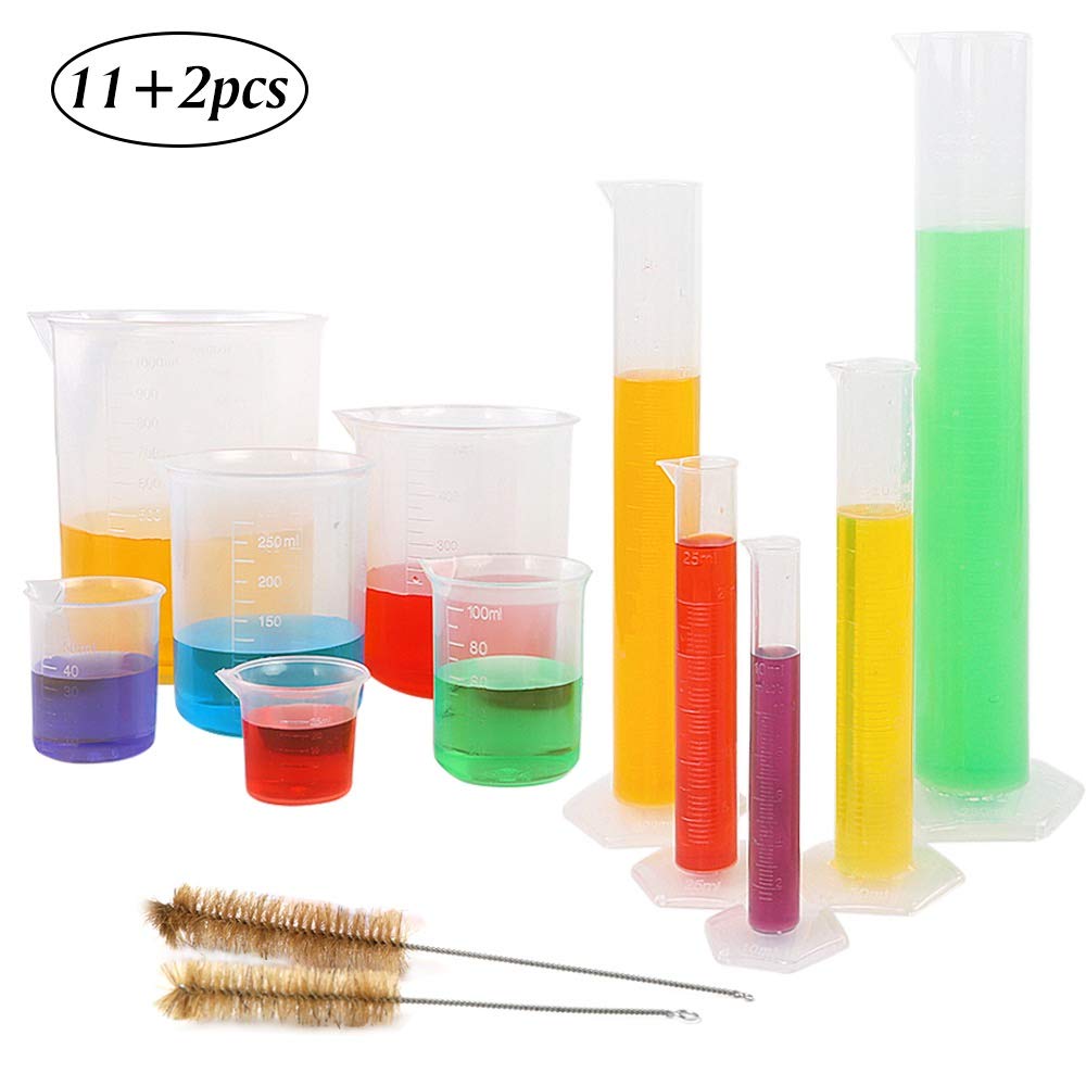 SUPERLELE 5pcs Plastic Graduated Cylinder Set 10, 25, 50, 100, 250ml and 6pcs Plastic Beaker Set 25, 50, 100, 250, 500, 1000ml with 2 Brushes