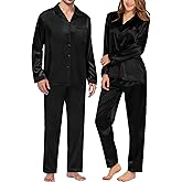 SWOMOG Couples Pajamas Womens &Mens Matching Pajamas Set Silk Satin Pj Set Long Sleeve Button Down Sleepwear 2 Pcs Loungewear