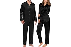 SWOMOG Couples Pajamas Womens &Mens Matching Pajamas Set Silk Satin Pj Set Long Sleeve Button Down Sleepwear 2 Pcs Loungewear