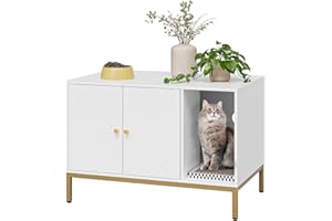 Masupu Cat Litter Box Enclosure,Modern Litter Box Furniture Hidden with Scratching Mat,Gold Frame Cat House for Indoor,Fit Most Cat and Litter Box(White)