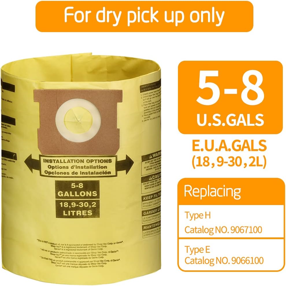 FUNTECK 10 Pack Dust Collection Bags for 5-8 Gallon Shop Vac, Replacing Model Type H, Part#9067100 (fine dust) - - 