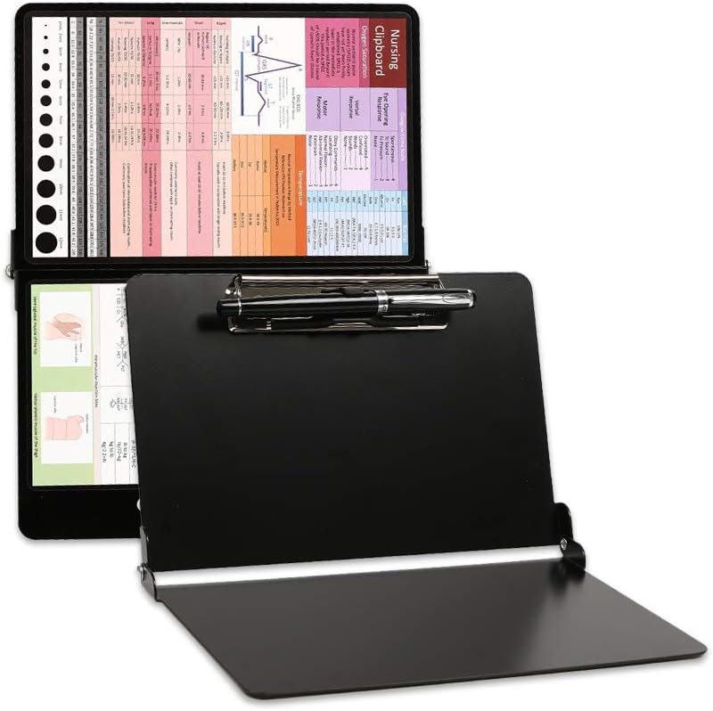 Durable Aluminum Medical & Nursing Edition Clipboard Foldable, Lightweight, Perfect Size for Scrub Pocket, for Medical Student/Nurse/Doctor, Extra 4 Stickers & Pen Holder for Easy Check & Use (Black)