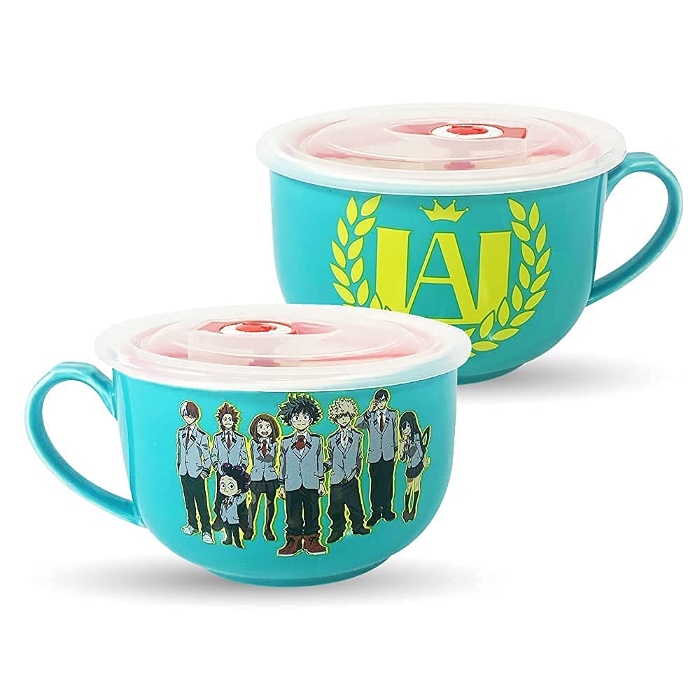 Just Funky My Hero Academia Ceramic Ramen Soup Rice 18 Oz Bowl with Lid | Featuring Deku | Bakugo and Todoroki | My Hero Academia Class 1-A | Official Licensed