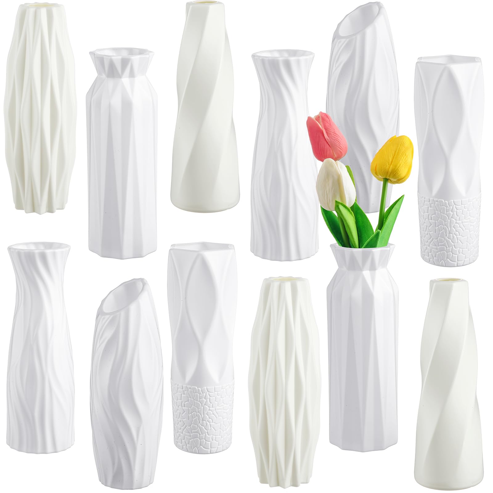 Photo 1 of (PLASTIC) Hoolerry 12 Pcs White Flower Vases Bulk for Centerpieces Plastic White Bud Vase for Flowers Ceramic Look Flower Vase Decorative Tall Unbreakable Vase for Flowers Home Office Table(Retro Style)
