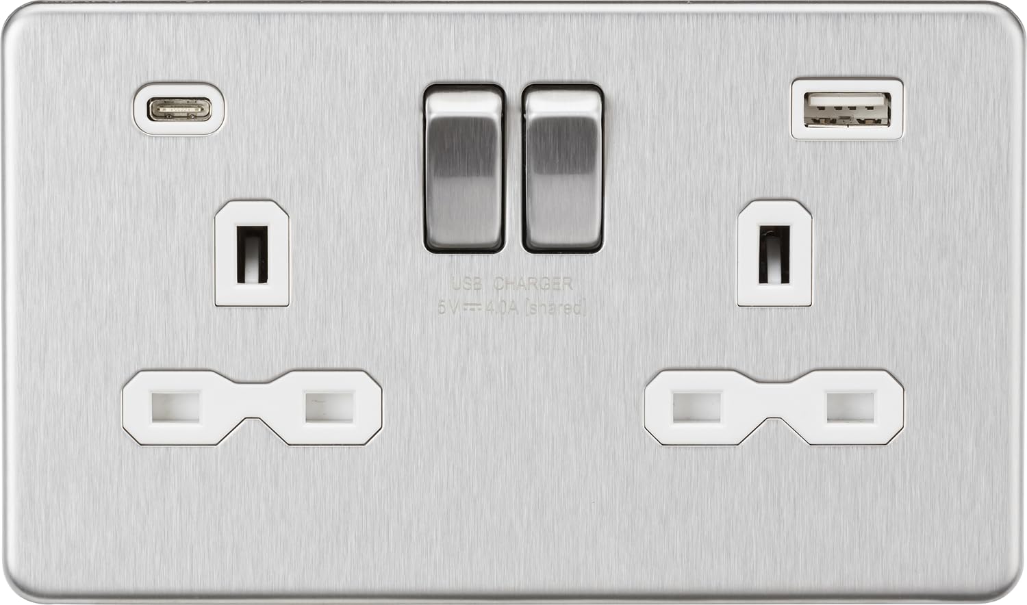 13A 2G SP Switched Socket with Dual USB A+C (5V DC 4.0A shared) - Brushed Chrome with White Insert