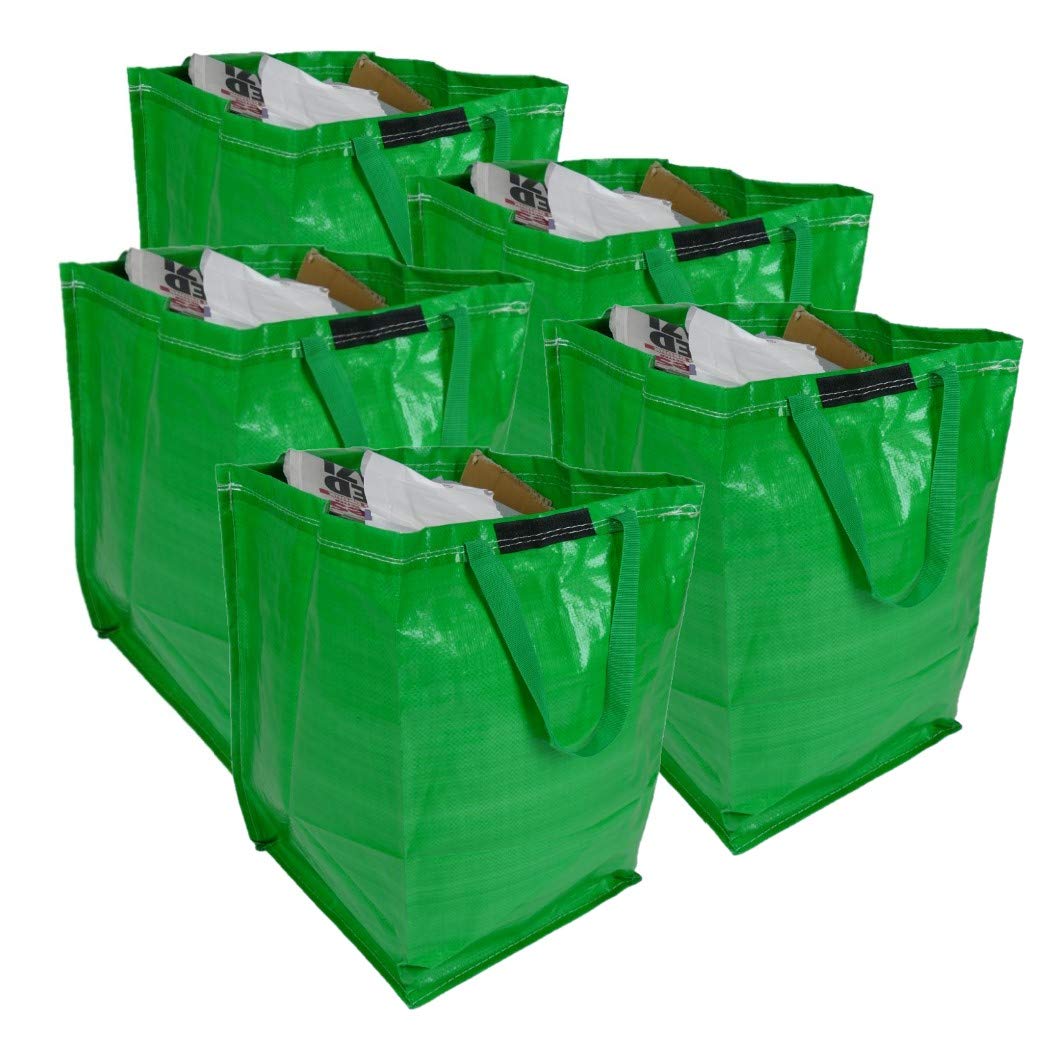47 Litre Recycling Bag with Top Flap and Handles - Tip Strap - Laminated Wipe Clean Fabric - PREMIUM GRADE - Heavy Duty Woven PP Fabric (5 Bags, Green)
