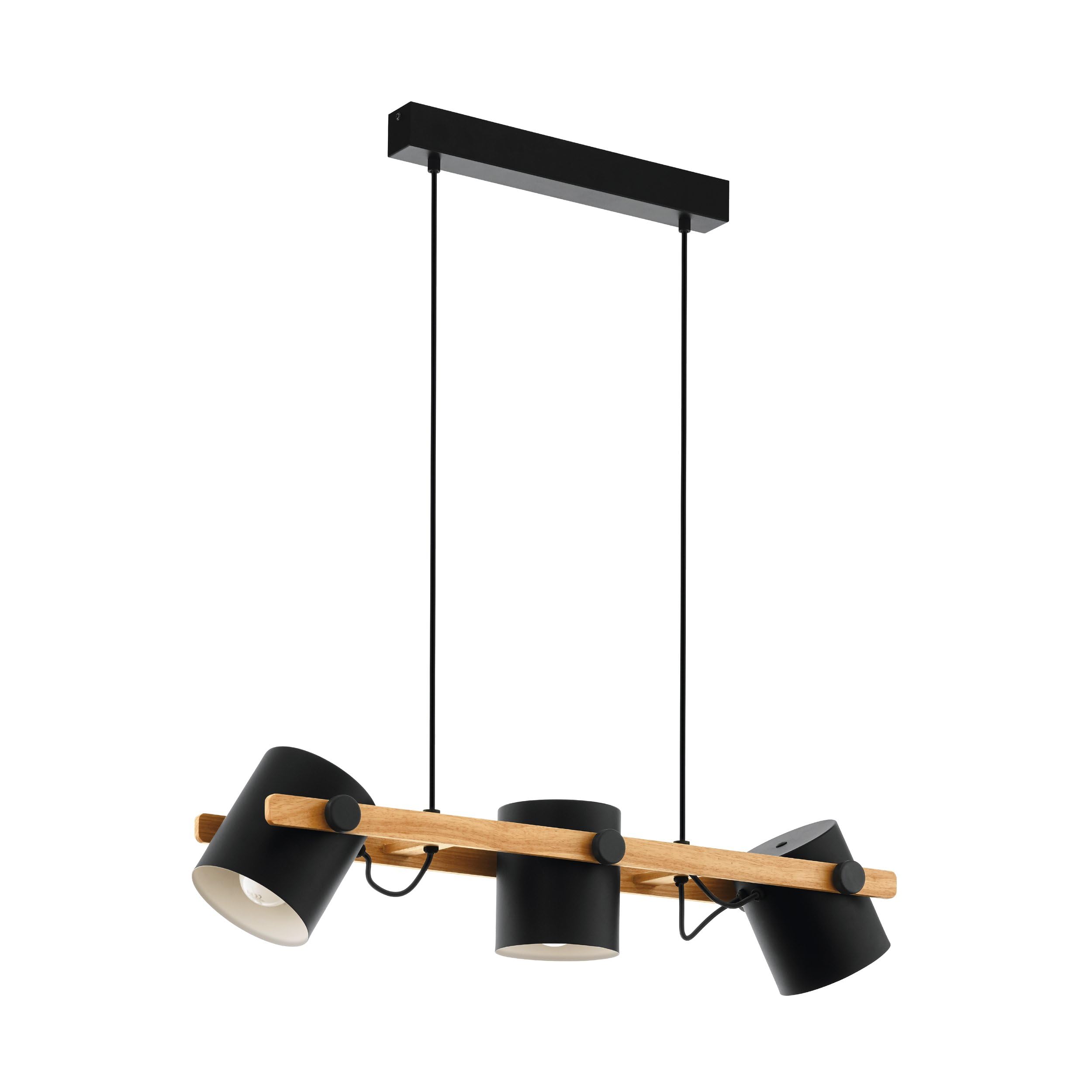 Eglo Hornwood Vintage Ceiling Light, Industrial Design 3-Flame Pendant Lamp, Black and Cream Steel with Brown Wood Retro Hanging Lighting, E27 Socket