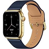 POWER PRIMACY Leather Bands Compatible with Apple Watch Band 38mm 40mm 41mm 42mm-Series 11/10,Genuine Leather Strap Compatible for Women Men iWatch SE Series 11 10 9 8 7 6 5 4 3 2 1(Jewelry Blue/Gold)