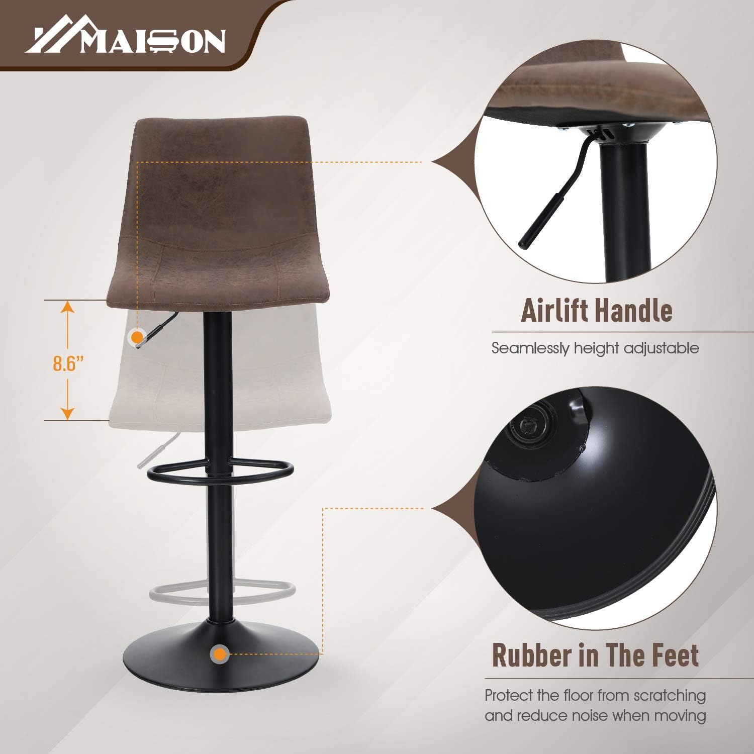 Maison Swivel Bar Stools Set of 2 for Kitchen Counter Adjustable Counter Height Bar Chairs with Back Tall Barstools Faux Leather Kitchen Island Stools, 300LBS Bear Capacity, Brown: Kitchen & Dining