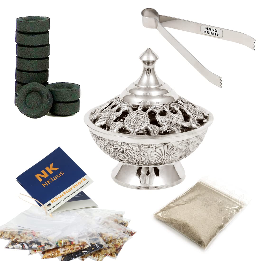 NKlaus 14pcs Set Incense Bowl Silver Coal Tongs Incense Sand Incense 40669