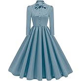 50s Style Dresses for Women Vintage 3/4 Sleeve Tie Neck Swing Dress Women's 1950s Retro Dress Midi Prom Dress for Cocktail Tea Party Evening Dress Audrey Hepburn Dress Haze Blue 2XL