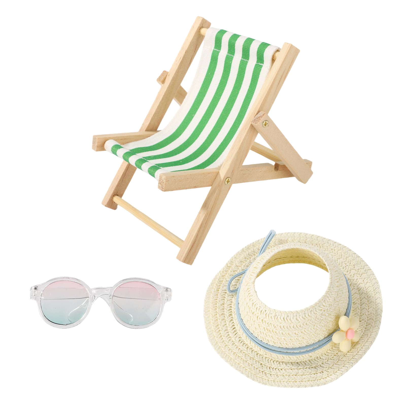 Sinbana 6.69 Inch Doll Accessories Set, Wooden Mini Folding Beach Chair Plastic Miniature Sunglasses Sun Hat for Doll Furniture Decorations Doll’s House