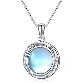 LELOUCHY Moonstone Necklace - Sterling Silver Round Rainbow Moonstone for Women - Retro Genuine Jewelry for Valentine's Day & Christmas