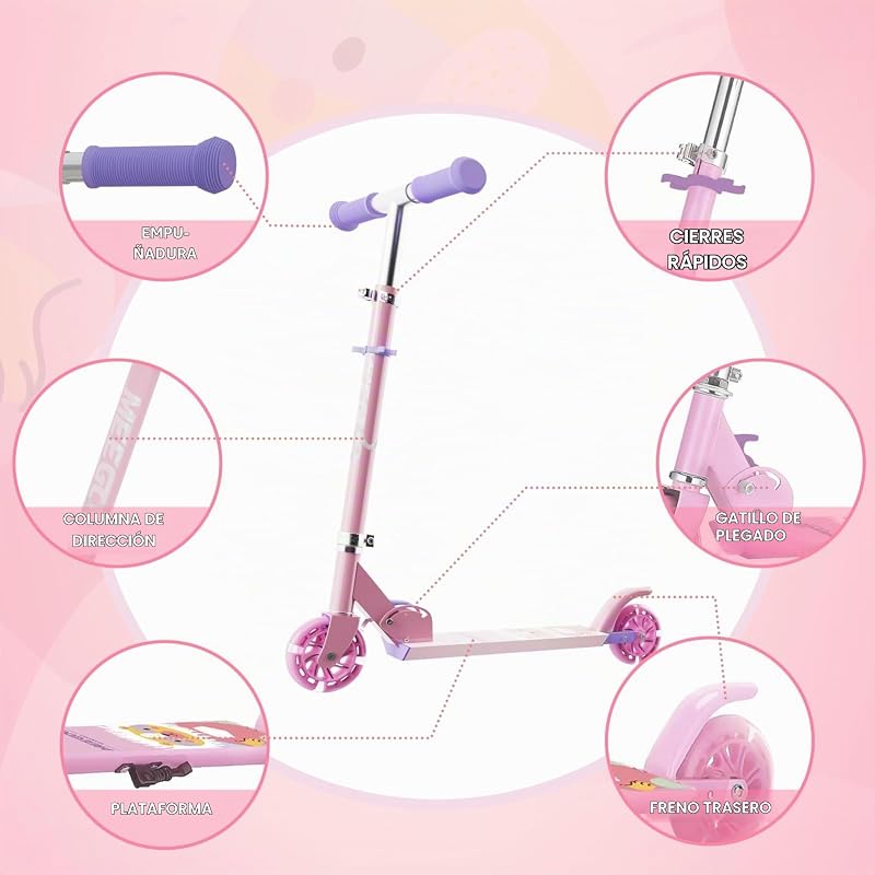 Patinete para niños a partir de 3 años, patinete plegable con 2 ruedas luminosas, regalo ideal para niños, patinete fácil con manillar ajustable a 3 niveles y freno