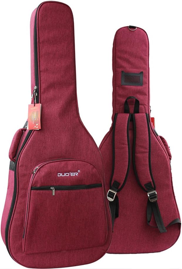 ParaCity 40 41 Inch Acoustic Guitar Waterproof Thicken Padded Bag Advanced Guitar Case with Double Strap and Outer Pockets (Red)