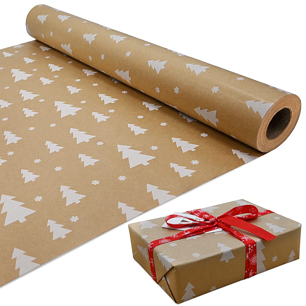 15m Roll of Kraft White Tree Wrapping Paper Roll,100% Recyclable ECO Gift For Birthday Present Party Christmas Decorations(15m x 43cm)