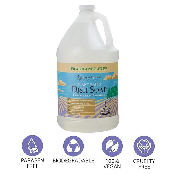 GINGER LILY FARMS BOTANICALS PLANT-BASED LIQUID DISH SOAP, CONCENTRATED FORMULA WITH MAX GREASE CLEANING POWER, CRUELTY-FREE, FRAGRANCE-FREE, 1 GALLON REFILL (128 FL. OZ.), CLEAR