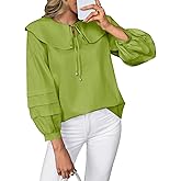 Cicy Bell Womens Peter Pan Collar Shirts Long Puff Sleeve Cotton Blouses Trendy Casual Loose Fit Tops