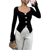 SOLY HUX Women's Long Sleeve T Shirt Metal Floral Sweetheart Neck Ruched Tee Slim Fitted Tops