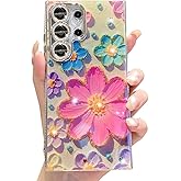 Changjia for Samsung Galaxy S25 Ultra Floral Case,Cute Colorful Retro Oil Painting Printed Flower with Glitter Bling Sparkly Camera Protector Protective Case for Girls Women for Galaxy S25 Ultra, Pink