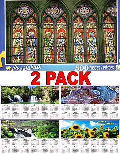Cathedral Stained Glass Windows, France - 500 Piece Jigsaw Puzzle Puzzlebug + Free Bonus 2017 Magnetic Calendar - (Bundle - 2 Items)