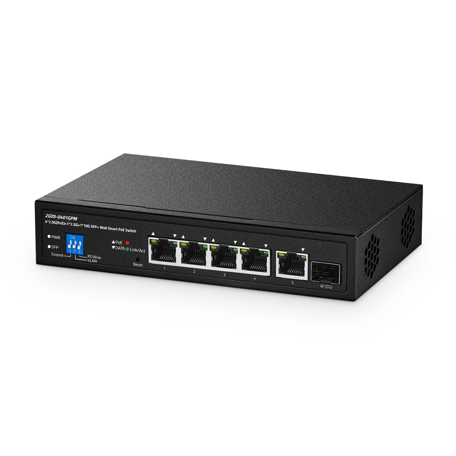 6-Port-2,5G-PoE-Managed-Switch, 10G-SFP+-Steckplatz, IEEE802.3af/at 100W, unterstützt Trunk/LACP/VLAN/QOS/Extender/Watchdog, Metall-Multi-Gigabit-Desktop-/Wandmontage-Netzwerkswitch