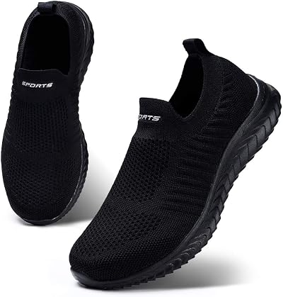 HKR Womens Slip On Trainers Breather Knit Insole Cushioned Lightweight Black UK