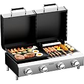 ROVSUN 2-in-1 Propane Gas Grill and Griddle Combo with Lid, 4 Burner Tabletop Flat Top Griddle &amp; Grill with 40000BTU Output, Auto Ignition, Enamel Grate for Outdoor Backyard BBQ Cooking