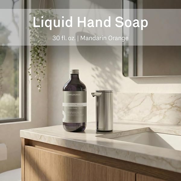SIMPLEHUMAN MANDARIN ORANGE LIQUID HAND SOAP REFILL BOTTLE, 30 FL. OZ., GENTLE & REFRESHING CITRUS AROMA, MOISTURIZING VITAMIN E, SULFATE & PARABEN FREE, OPTIMIZED FOR SIMPLEHUMAN SENSOR PUMP