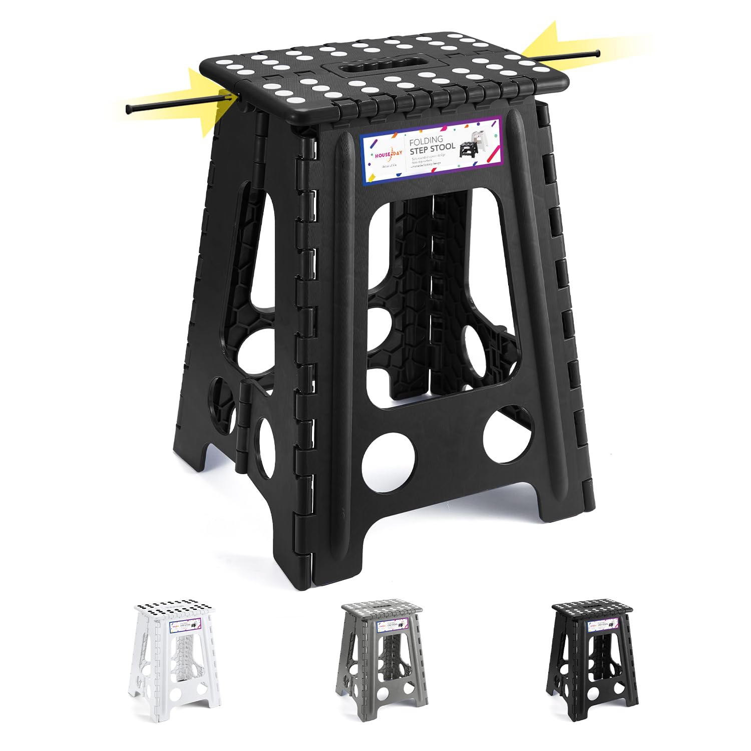 HOUSE DAY Folding Step Stool 18 Inch, Heavy Duty Step Stool for Adults, Portable & Collapsible Stepping Stools, Anti-Slip Stepstool, 330 LBS Capacity, Foldable Steps for DIY, Garage, Bathroom - Black​