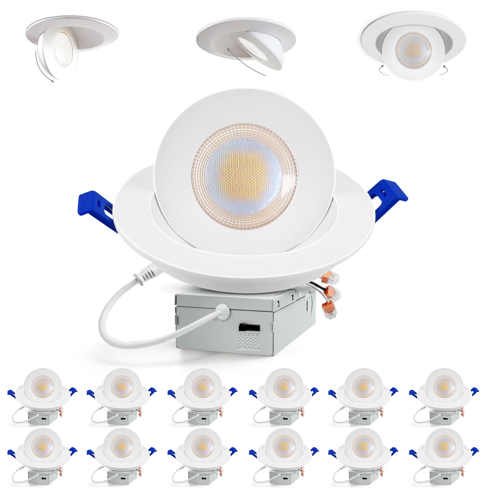 Photo 1 of Adetu Recessed Lighting 6 inch, 360°+90° Adjustable Directional 6 inch Gimbal Led Recessed Light, 2700K-5000K 5CCT Dimmable Retrofit Eyeball Can Recessed Lights with Jbox, ET (White-12 Pack)