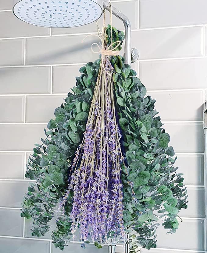 Dried & Preserved Flora - 115 Pcs Dried Eucalyptus Stems & Lavenders Flowers Bundles for Shower, 17'' Natural Real Live Eucalyptu Leaves Greenery Hanging Lavender Shower Plant, Fragrance, Decor