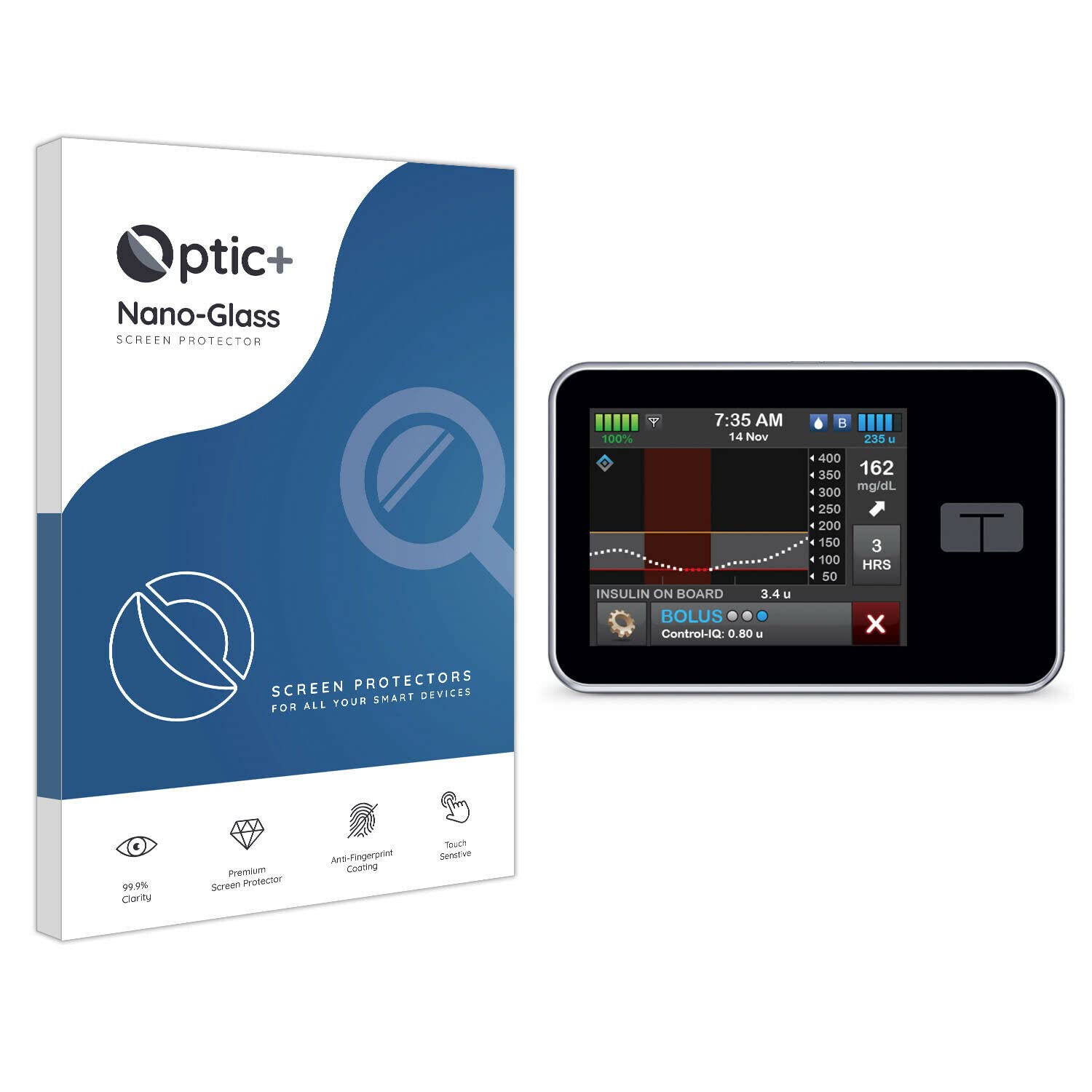Optic+ Nano Glass Screen Protector for Tandem Diabetes Care t:slim X2 Insulin Pump