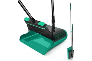 JEHONN Broom and Dust Pan, Upgraded Large Foldable Dustpan with Comb Teeth, 53.5 inches Long Handle Swivel Brush Indoor for H