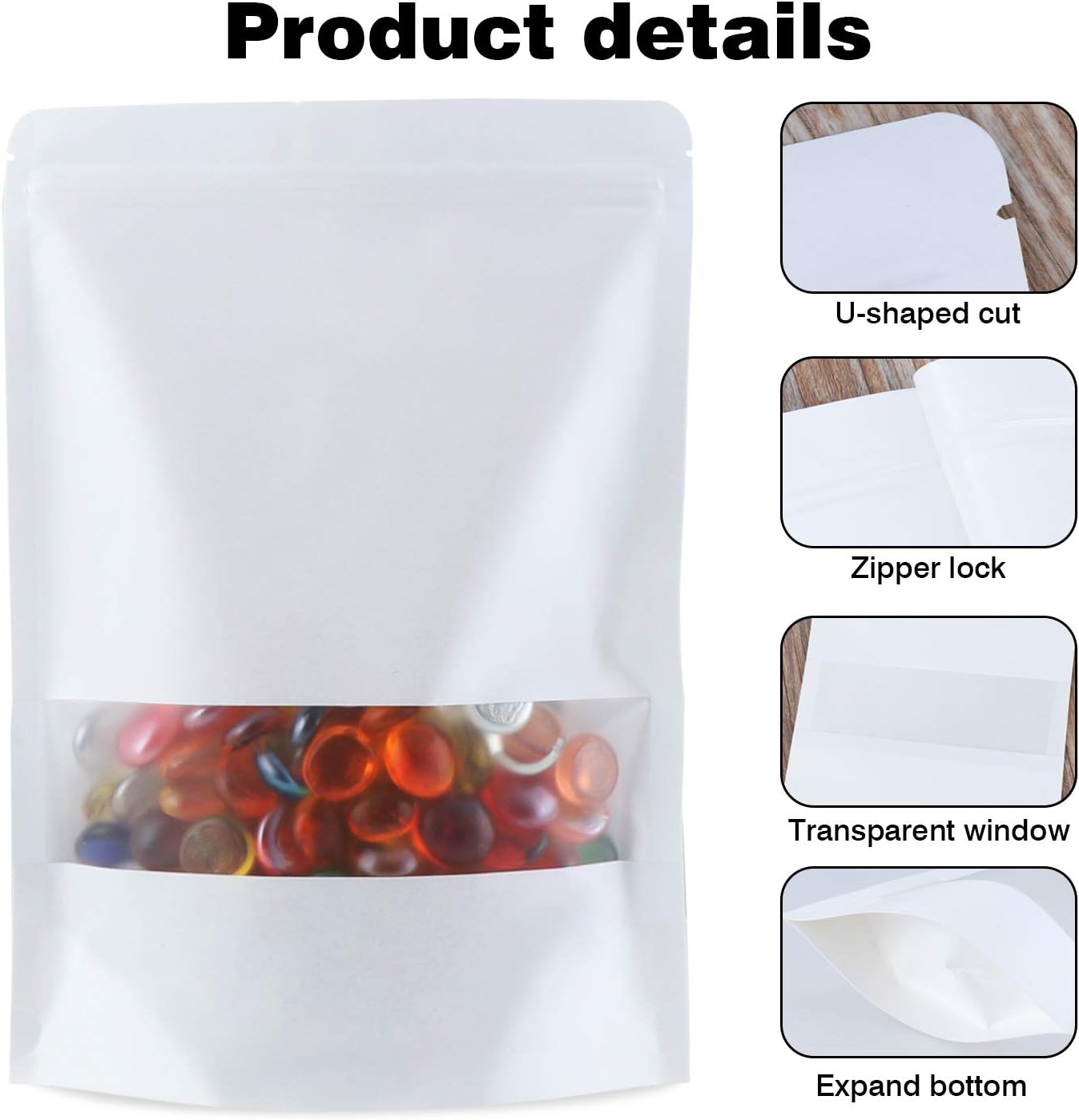 TsunNee 50PCS Kraft Paper Stand Up Food Bags, Kraft Paper Food Storage Pouches, Reusable Ziplock Seal Bags - Image 4