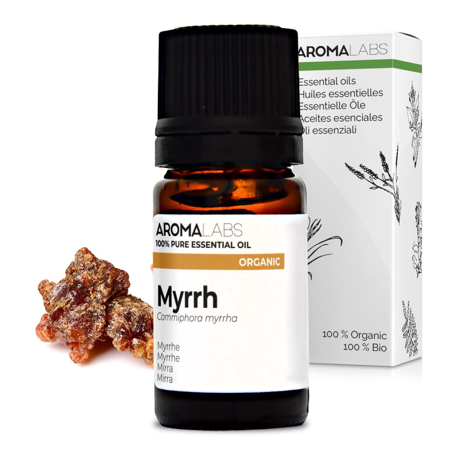 BIO - Myrrh Essential Oil - 5mL - 100% Pure, Natural, Chemotyped and AB/Cosmos Certified - AROMA LABS (French Brand)