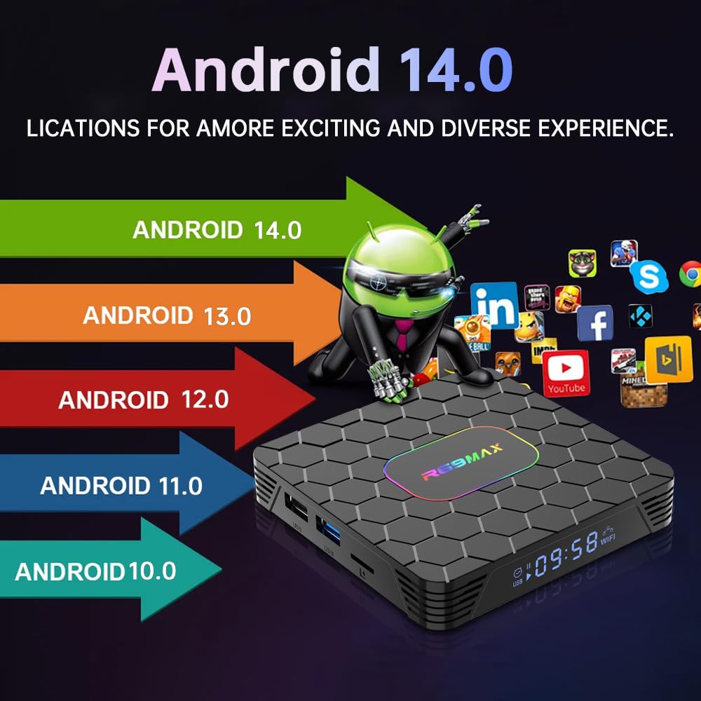 Android 14 TV Box 2025, R69 Max Android Box with 4GB RAM 32GB ROM RK3528 Quad-Core for Smart TV, 8K HD Video Decoding & HDR 10 Video Output ，Support WiFi6 2.4Ghz/5.0Ghz BT 5.0 TV Box