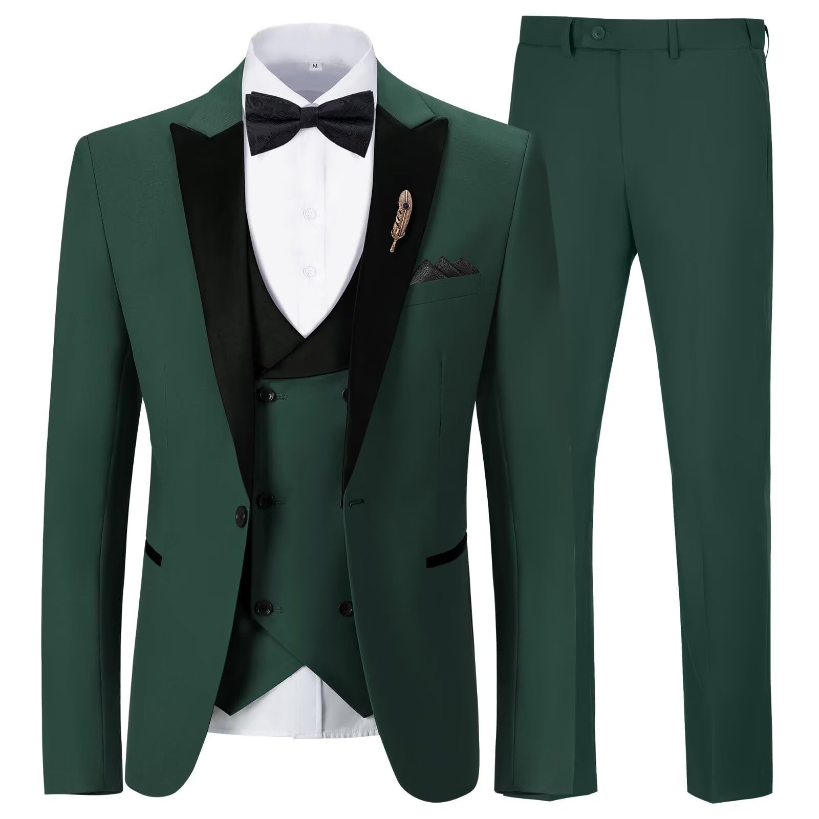 Photo 1 of Mens 3 Pieces Suits Slim Fit Peak Lapel Mens Dress Blazer Vest Pants Bow Tie Brooch Suit Set Dark Green Suit Men 1 Button Wedding Prom Tux M