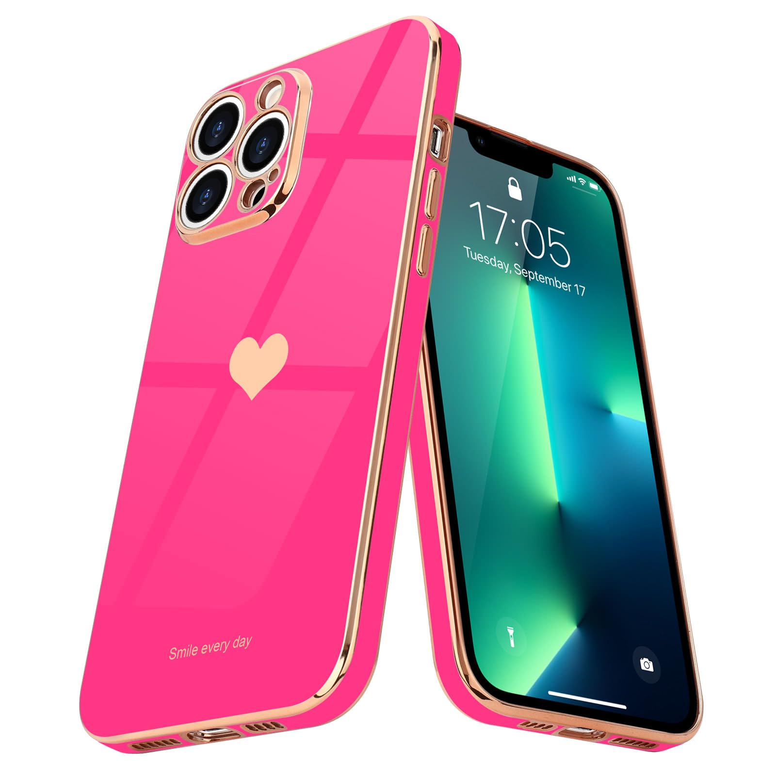 Teageo for iPhone 13 Pro Case Cute Heart Pattern for Women Girls Slim Luxury Bling Plating Soft TPU Anti-Scratch Shockproof Bumper Phone Case for iPhone 13 Pro, Hot Pink — image 1
