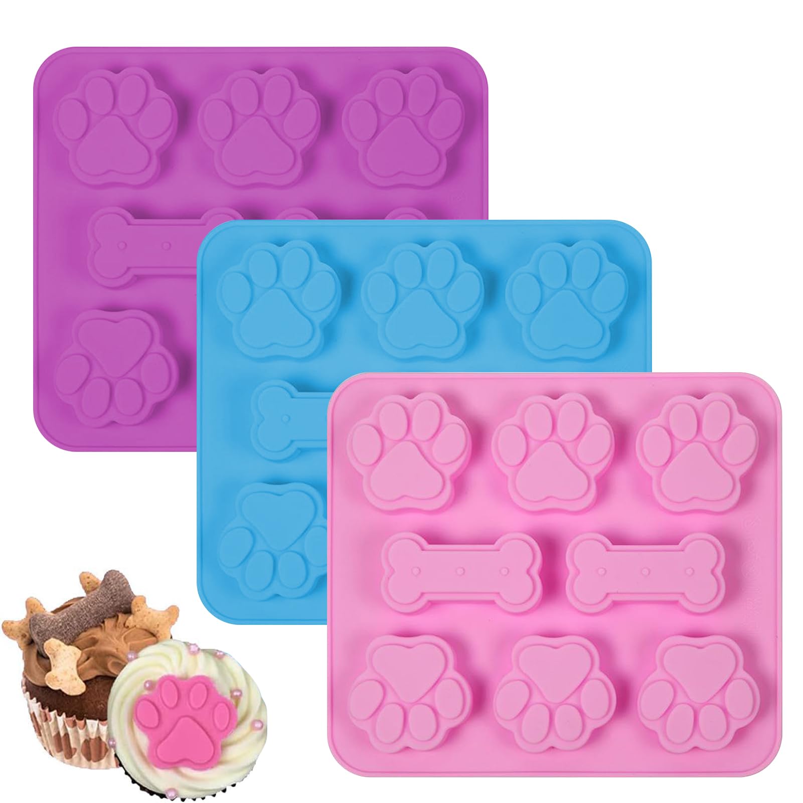 3 Pcs Silicone Chocolate Moulds, 3D Paw Ice Cube Mould, Dog Paw and Bone Molds Set Reusable Non-Stick Cake Jelly Moulds for Cake, Candy, Jelly, Ice Cube, Pet Treats Toys