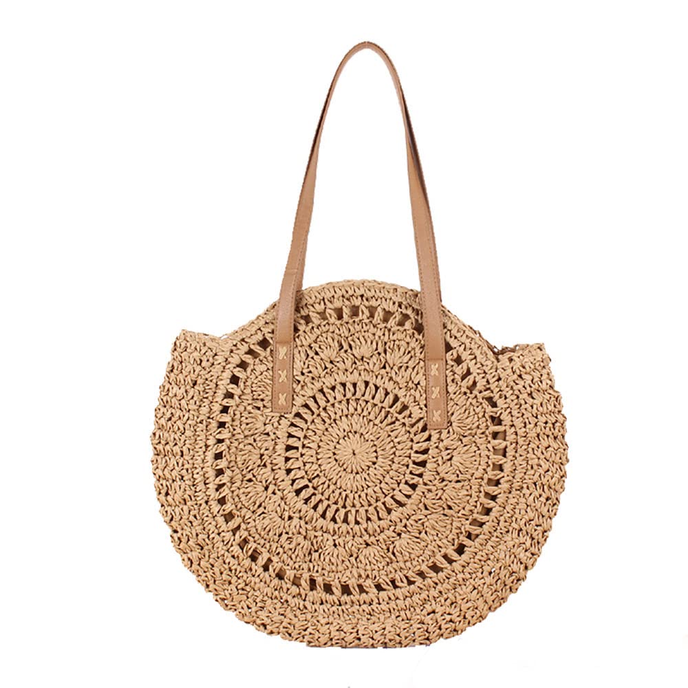VOANZO Handmade Large-Capacity Hollow Circular Straw Bag, Fashionable Female One-Shoulder Woven Summer Beach Bag（Brown）